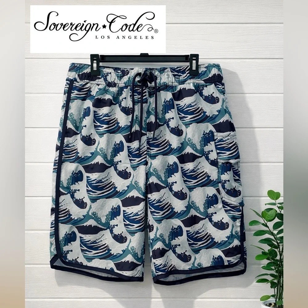 🩳🌊🔥Sovereign Code Mens Swim Shorts XL Wave Print Board Shorts Beach Surf Trunks